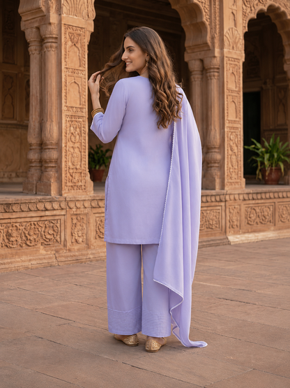 Lavender Solid Cotton Straight Kurta Set with Chikankari Embroidery, Farshi Salwar & Dupatta