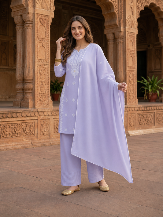 Lavender Solid Cotton Straight Kurta Set with Chikankari Embroidery, Farshi Salwar & Dupatta