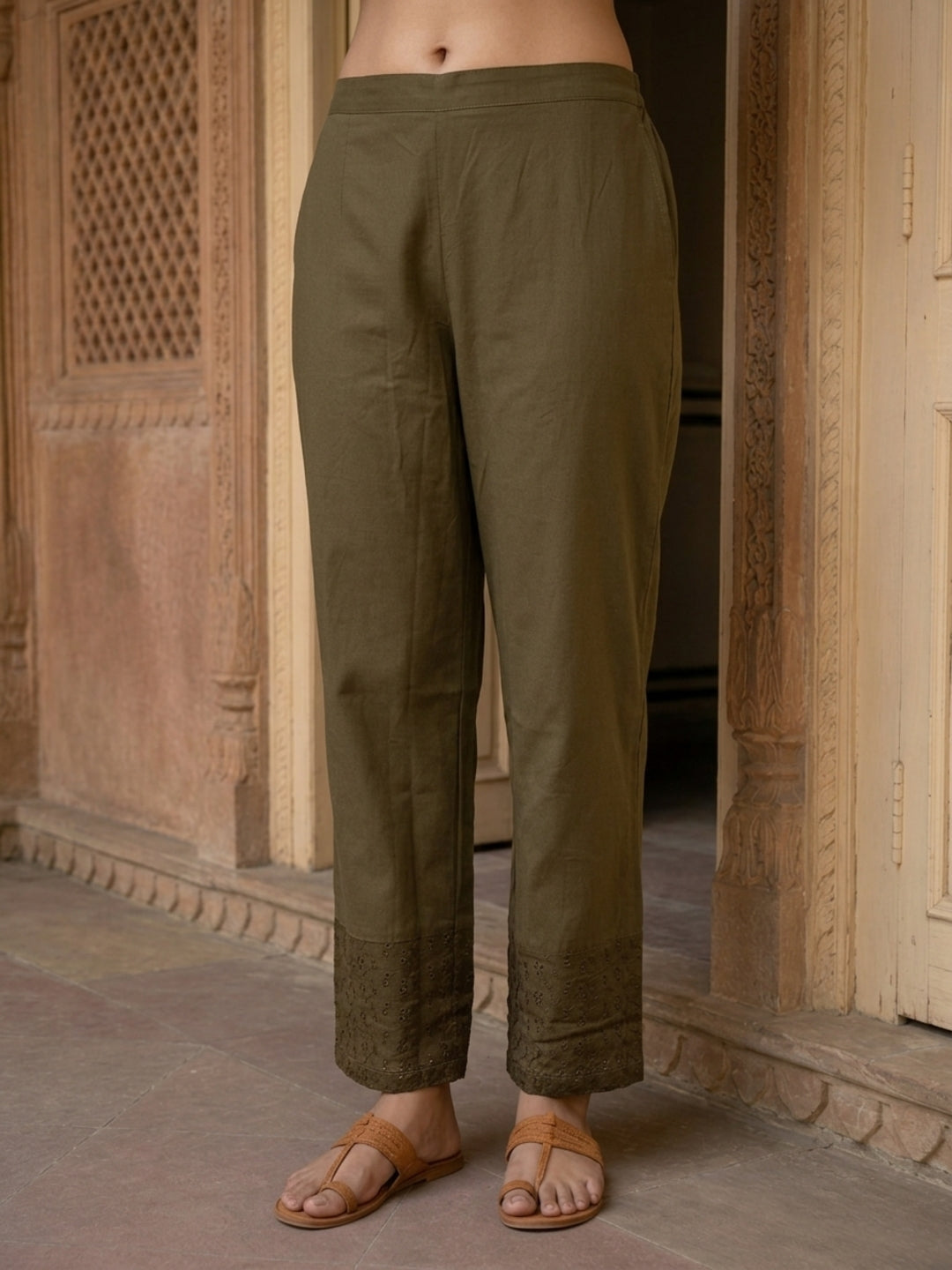Olive Green Solid Cotton Schiffli Straight Kurta Set with Embroidery, Palazzo & Dupatta