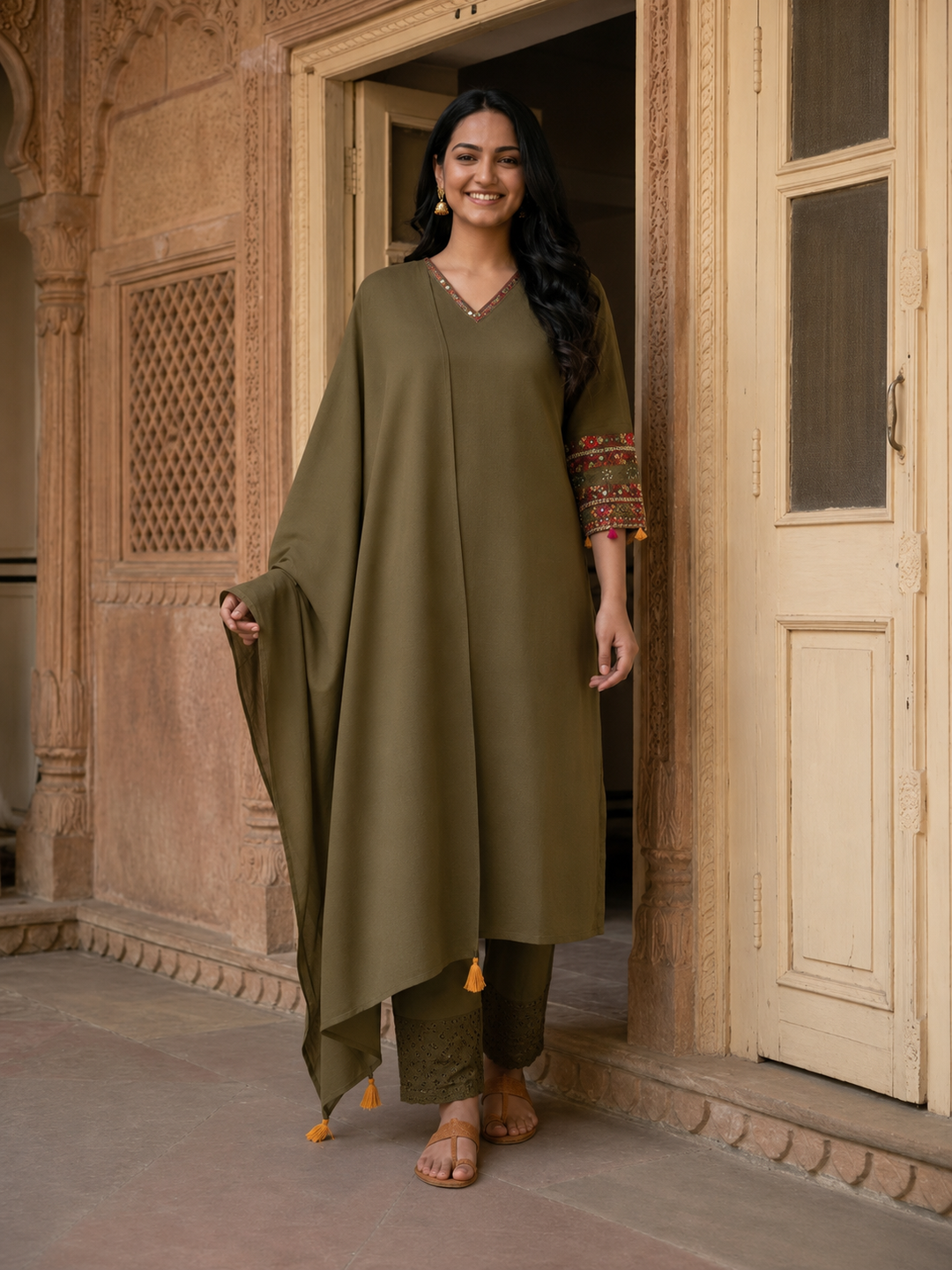 Olive Green Solid Cotton Schiffli Straight Kurta Set with Embroidery, Palazzo & Dupatta