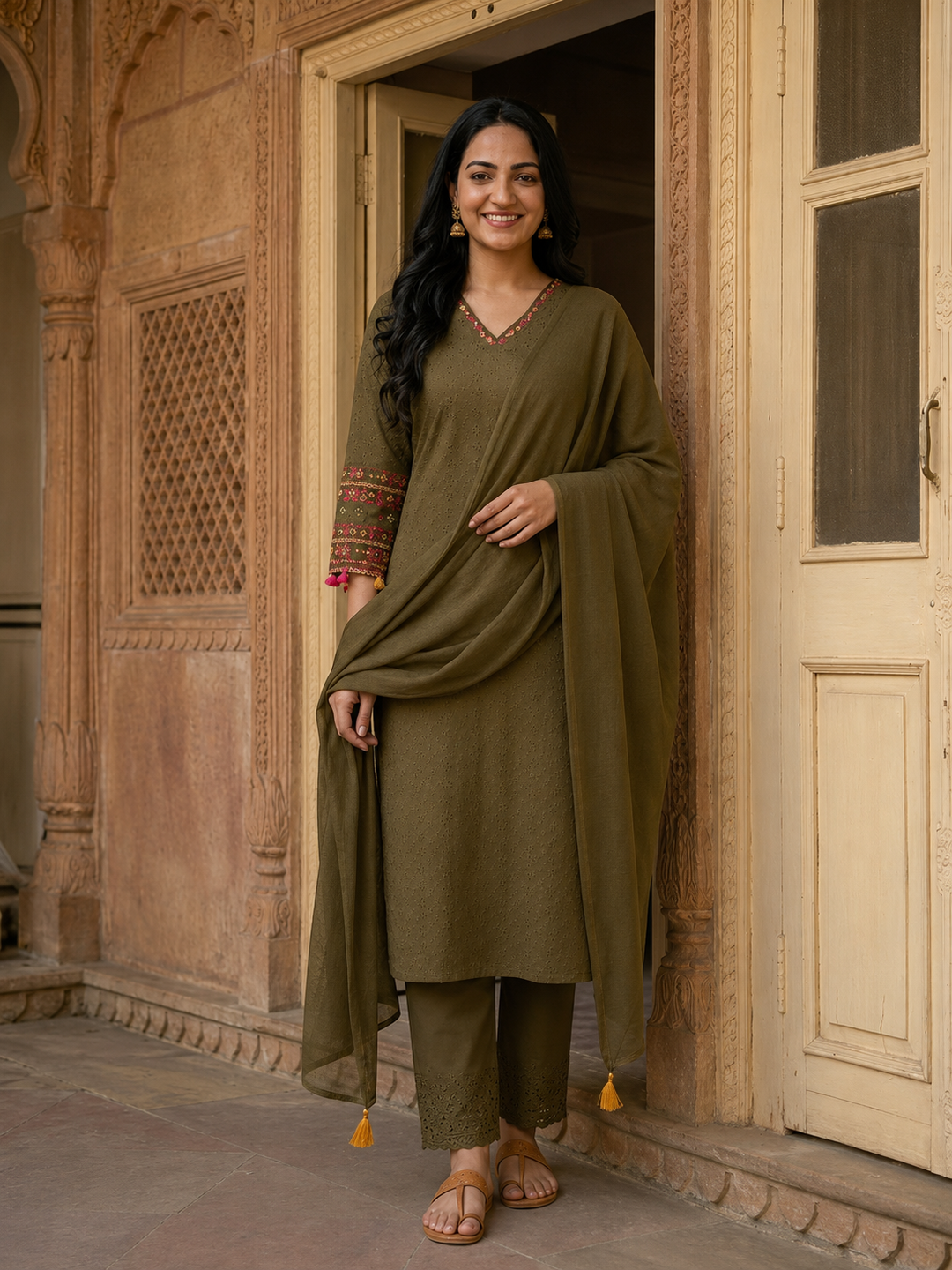 Olive Green Solid Cotton Schiffli Straight Kurta Set with Embroidery, Palazzo & Dupatta