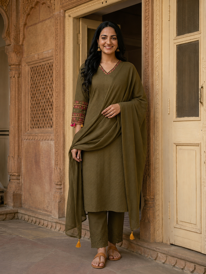 Olive Green Solid Cotton Schiffli Straight Kurta Set with Embroidery, Palazzo & Dupatta