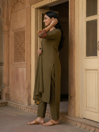 Olive Green Solid Cotton Schiffli Straight Kurta Set with Embroidery, Palazzo & Dupatta