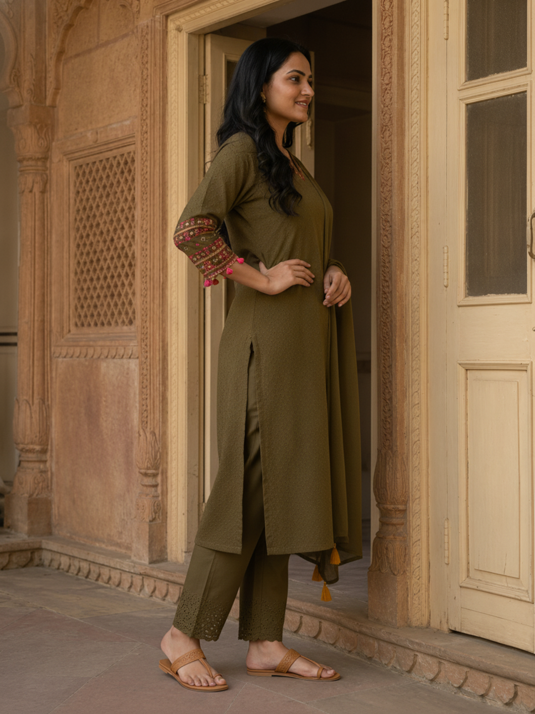 Olive Green Solid Cotton Schiffli Straight Kurta Set with Embroidery, Palazzo & Dupatta