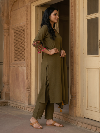 Olive Green Solid Cotton Schiffli Straight Kurta Set with Embroidery, Palazzo & Dupatta
