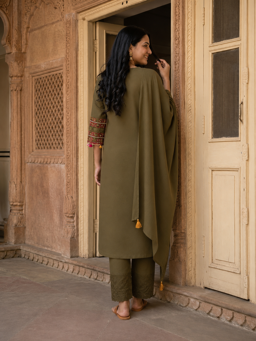 Olive Green Solid Cotton Schiffli Straight Kurta Set with Embroidery, Palazzo & Dupatta