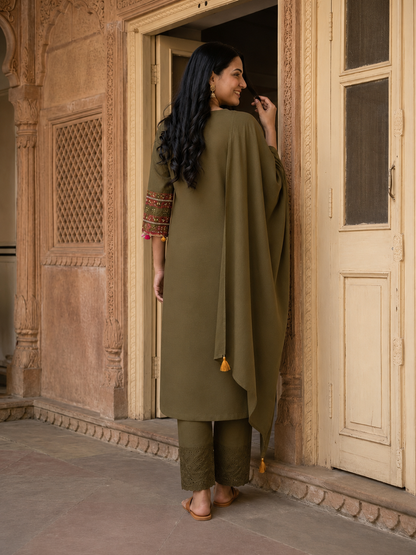 Olive Green Solid Cotton Schiffli Straight Kurta Set with Embroidery, Palazzo & Dupatta