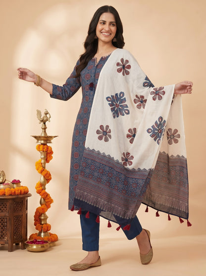 Indigo Blue Ajrakh Print Cotton Straight Kurta Set with Mirror Work, Pant & Patchwork Dupatta