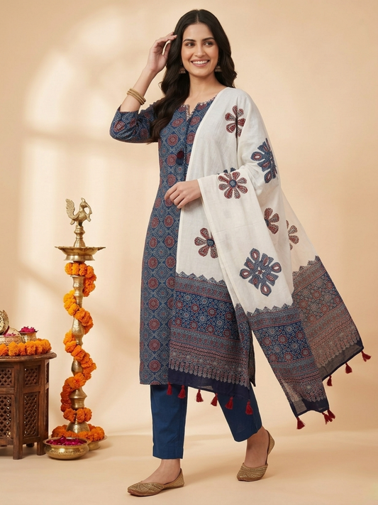 Indigo Blue Ajrakh Print Cotton Straight Kurta Set with Mirror Work, Pant & Patchwork Dupatta
