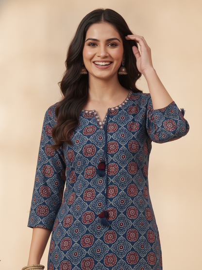 Indigo Blue Ajrakh Print Cotton Straight Kurta Set with Mirror Work, Pant & Patchwork Dupatta