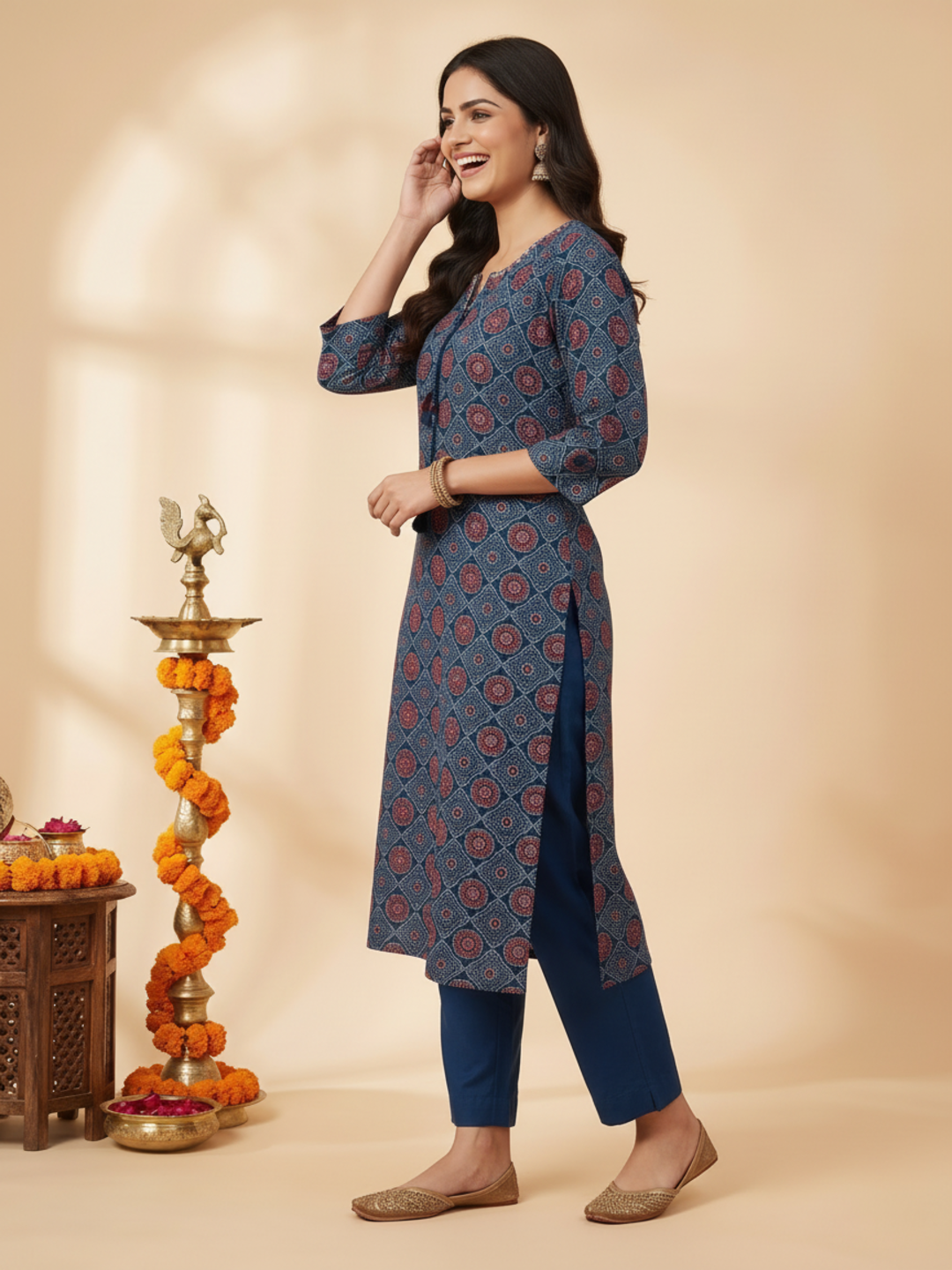 Indigo Blue Ajrakh Print Cotton Straight Kurta Set with Mirror Work, Pant & Patchwork Dupatta