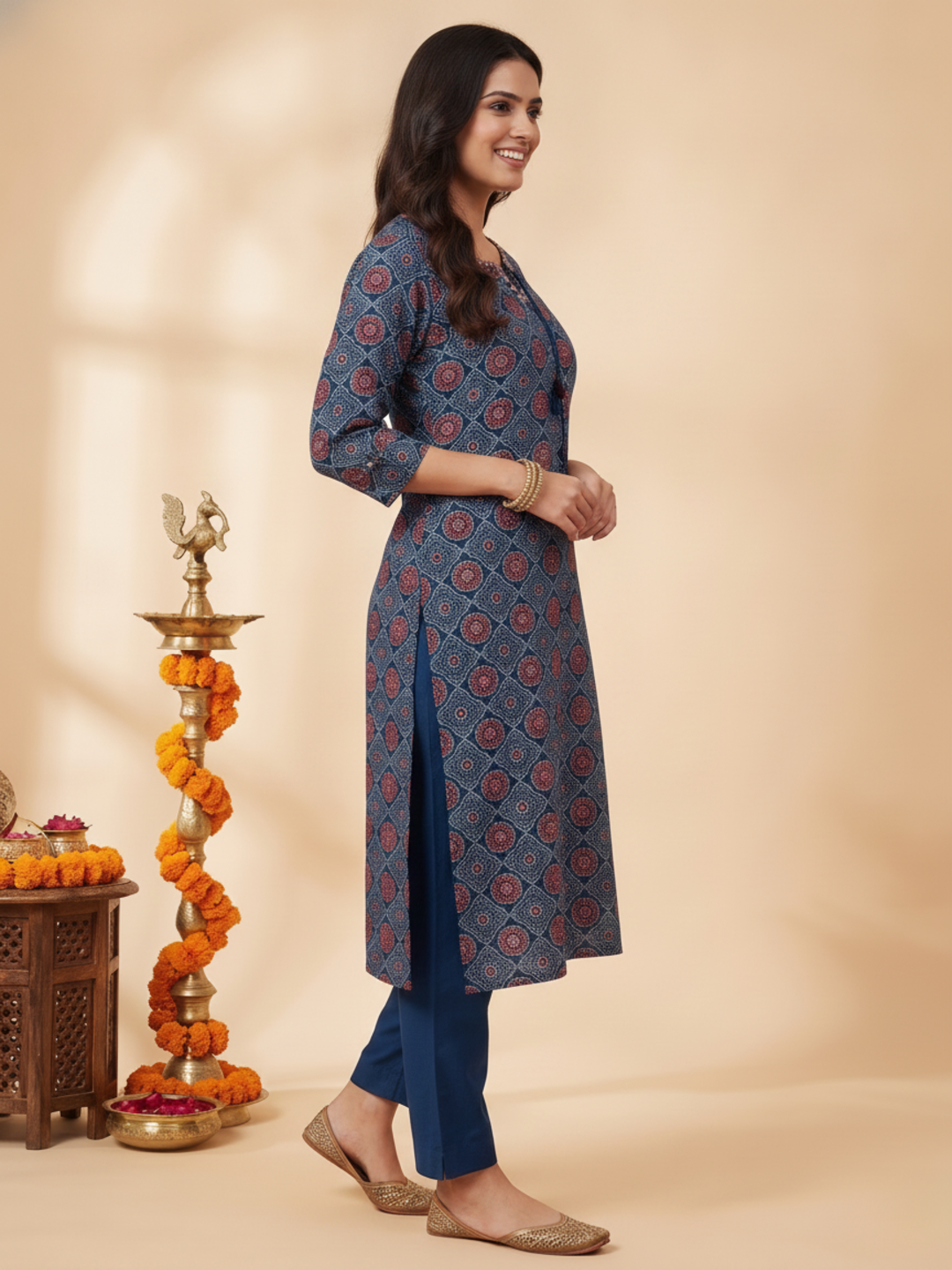 Indigo Blue Ajrakh Print Cotton Straight Kurta Set with Mirror Work, Pant & Patchwork Dupatta