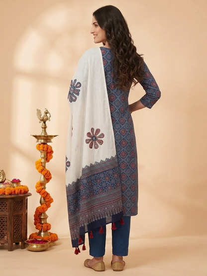 Indigo Blue Ajrakh Print Cotton Straight Kurta Set with Mirror Work, Pant & Patchwork Dupatta