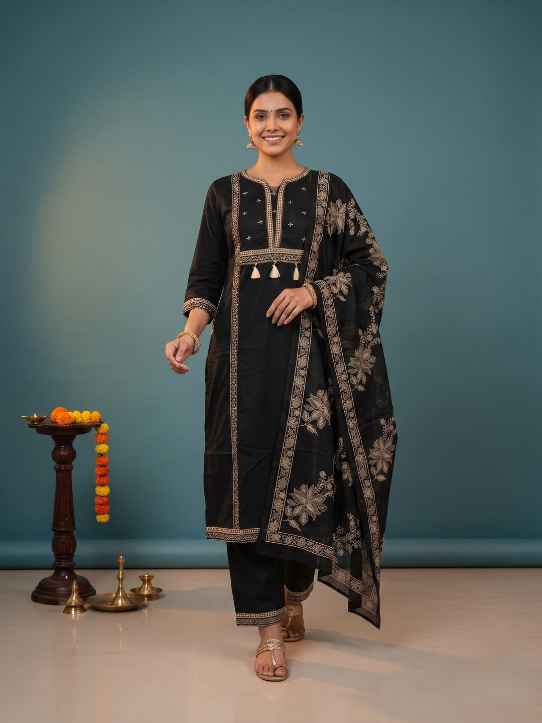 Black Ethnic Floral Print Cotton Straight Kurta Set with Embroidered Yoke, Palazzo & Dupatta