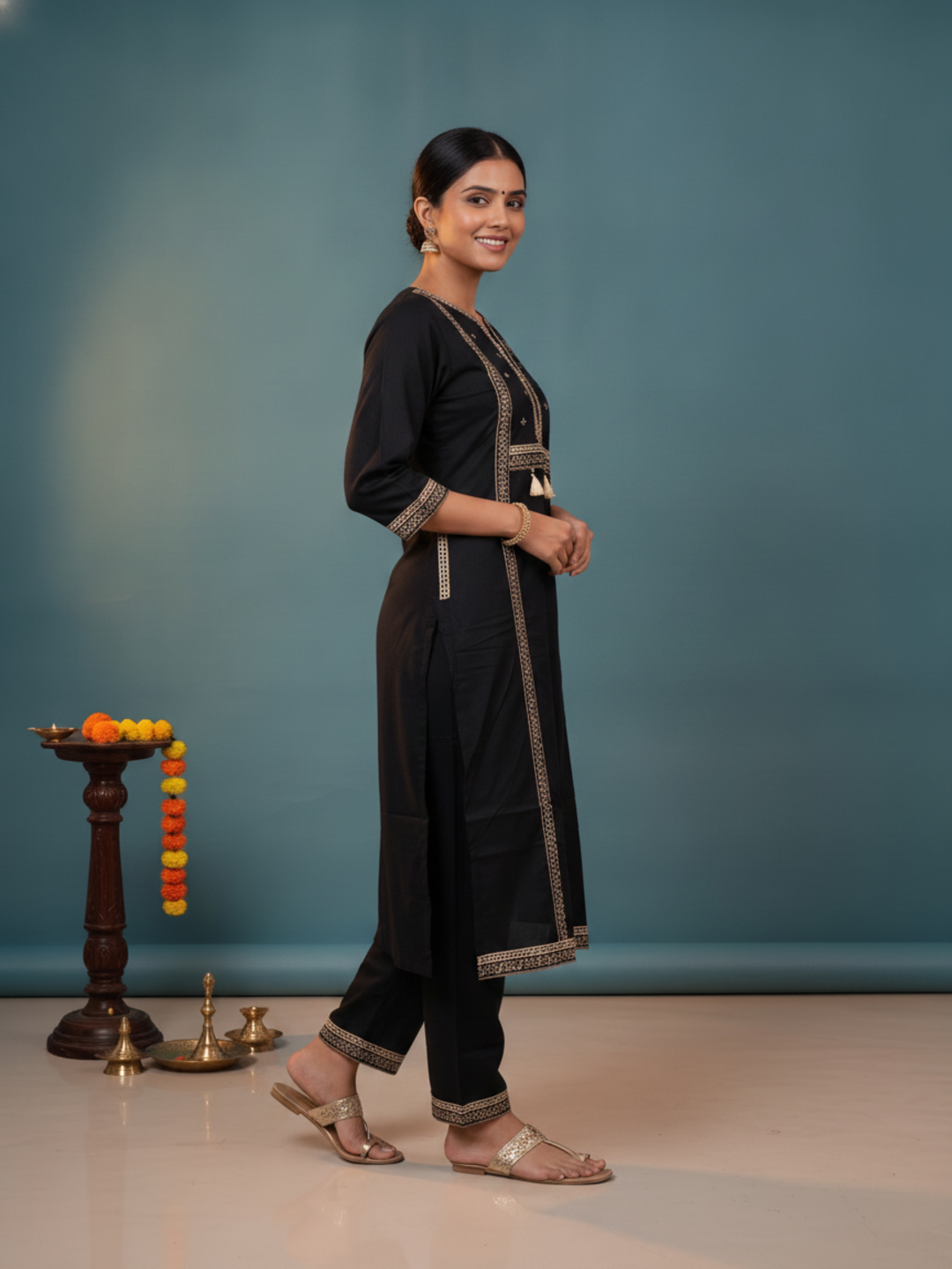 Black Ethnic Floral Print Cotton Straight Kurta Set with Embroidered Yoke, Palazzo & Dupatta