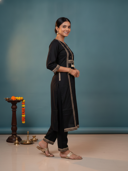 Black Ethnic Floral Print Cotton Straight Kurta Set with Embroidered Yoke, Palazzo & Dupatta