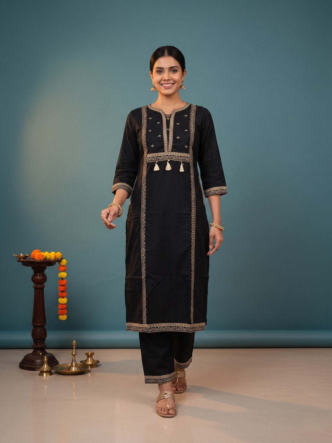 Black Ethnic Floral Print Cotton Straight Kurta Set with Embroidered Yoke, Palazzo & Dupatta