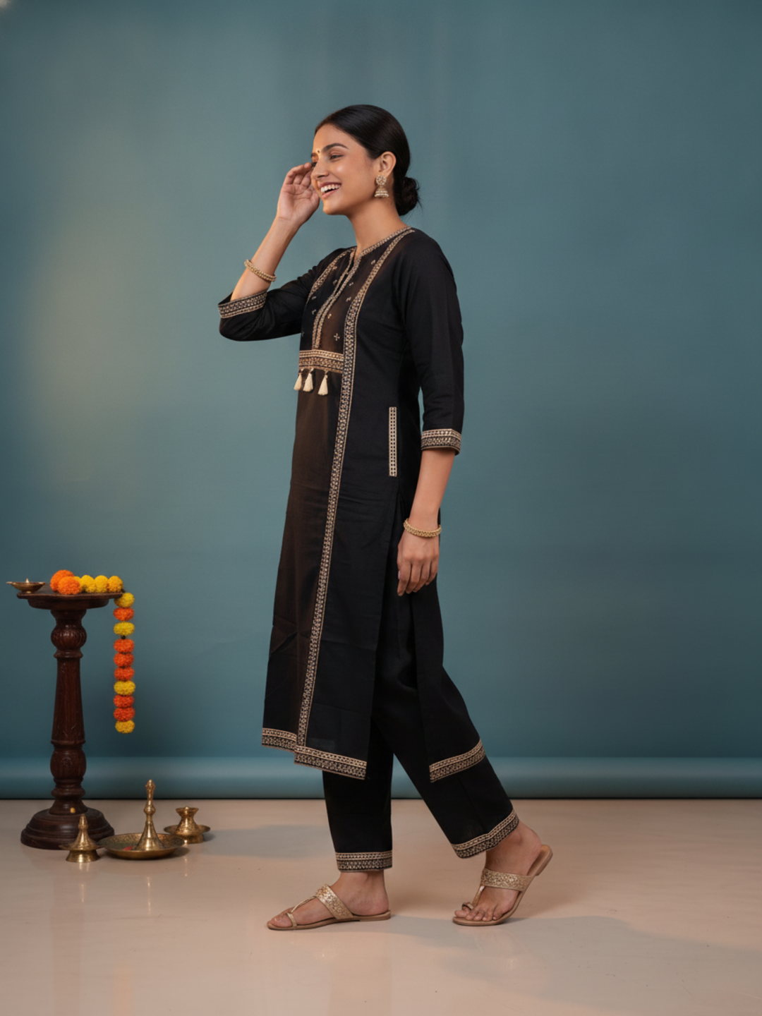 Black Ethnic Floral Print Cotton Straight Kurta Set with Embroidered Yoke, Palazzo & Dupatta