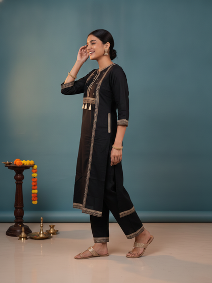 Black Ethnic Floral Print Cotton Straight Kurta Set with Embroidered Yoke, Palazzo & Dupatta