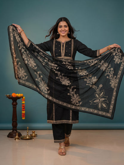 Black Ethnic Floral Print Cotton Straight Kurta Set with Embroidered Yoke, Palazzo & Dupatta