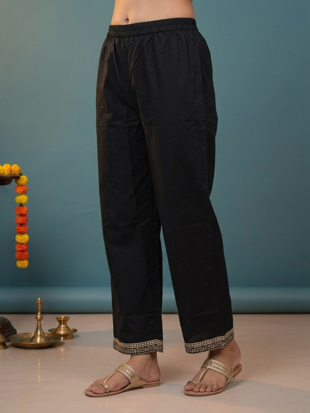 Black Ethnic Floral Print Cotton Straight Kurta Set with Embroidered Yoke, Palazzo & Dupatta