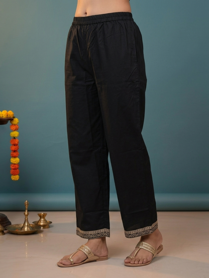 Black Ethnic Floral Print Cotton Straight Kurta Set with Embroidered Yoke, Palazzo & Dupatta