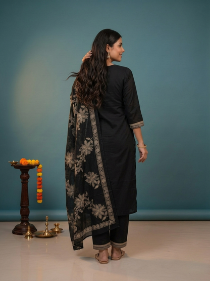 Black Ethnic Floral Print Cotton Straight Kurta Set with Embroidered Yoke, Palazzo & Dupatta