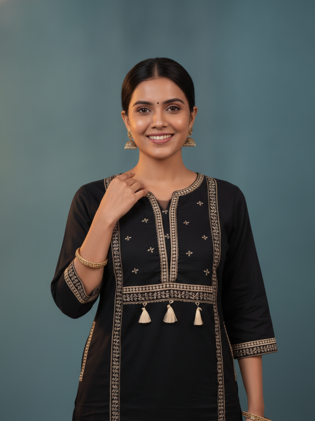 Black Ethnic Floral Print Cotton Straight Kurta Set with Embroidered Yoke, Palazzo & Dupatta