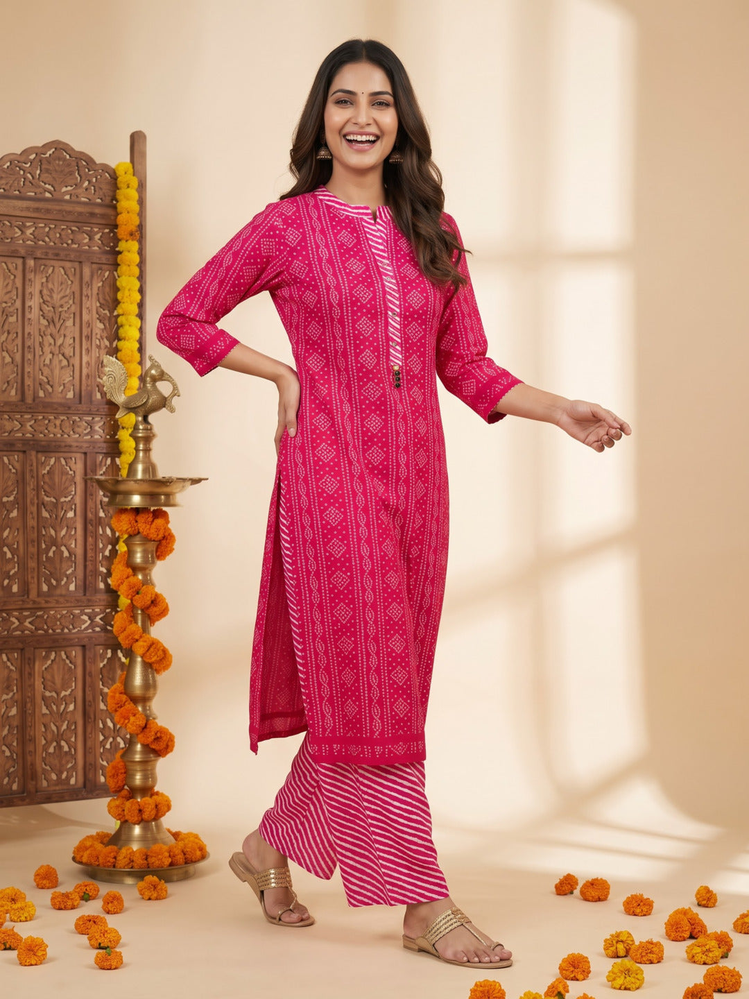 Rani Pink Bandhani Lehariya Print Cotton Straight Kurta Set with Crochet Lace, Pant & Dupatta