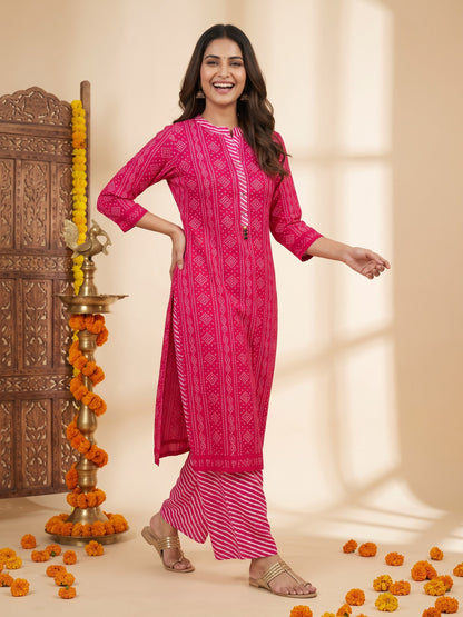 Rani Pink Bandhani Lehariya Print Cotton Straight Kurta Set with Crochet Lace, Pant & Dupatta