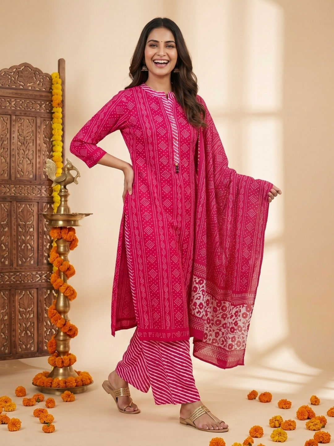 Rani Pink Bandhani Lehariya Print Cotton Straight Kurta Set with Crochet Lace, Pant & Dupatta