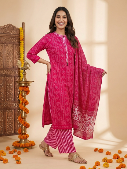 Rani Pink Bandhani Lehariya Print Cotton Straight Kurta Set with Crochet Lace, Pant & Dupatta