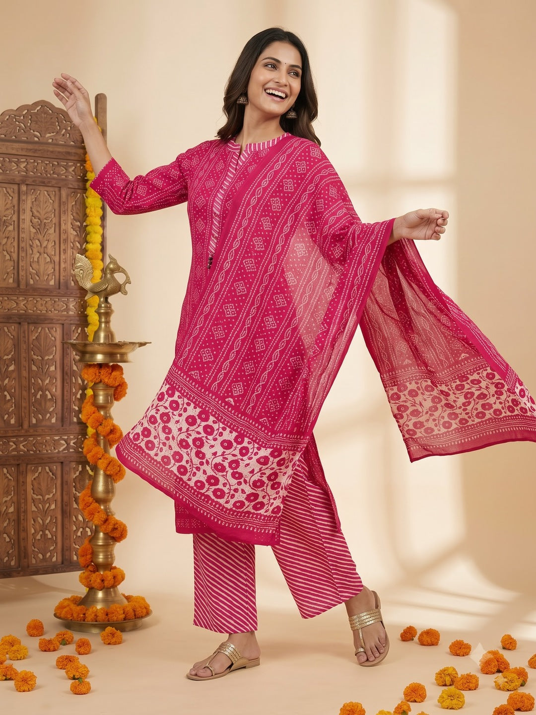 Rani Pink Bandhani Lehariya Print Cotton Straight Kurta Set with Crochet Lace, Pant & Dupatta