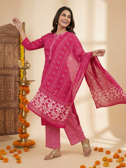 Rani Pink Bandhani Lehariya Print Cotton Straight Kurta Set with Crochet Lace, Pant & Dupatta