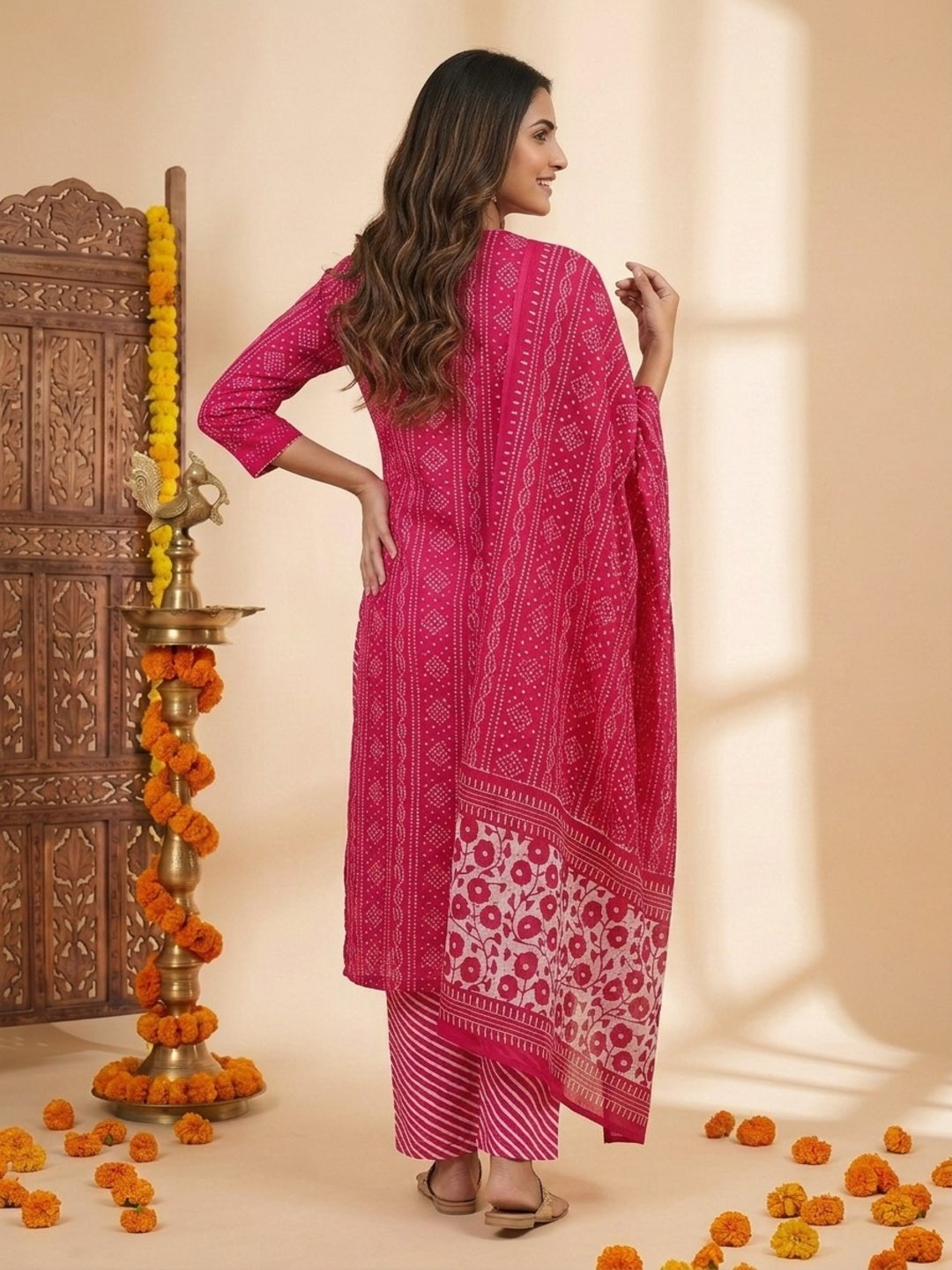 Rani Pink Bandhani Lehariya Print Cotton Straight Kurta Set with Crochet Lace, Pant & Dupatta