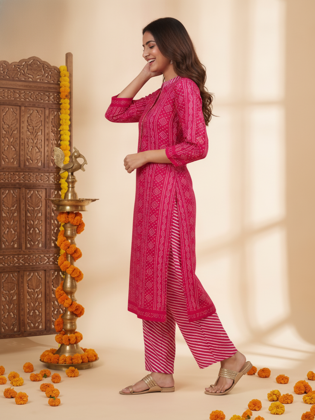 Rani Pink Bandhani Lehariya Print Cotton Straight Kurta Set with Crochet Lace, Pant & Dupatta