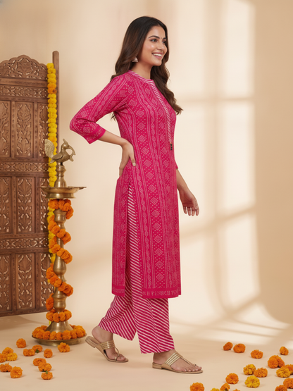 Rani Pink Bandhani Lehariya Print Cotton Straight Kurta Set with Crochet Lace, Pant & Dupatta