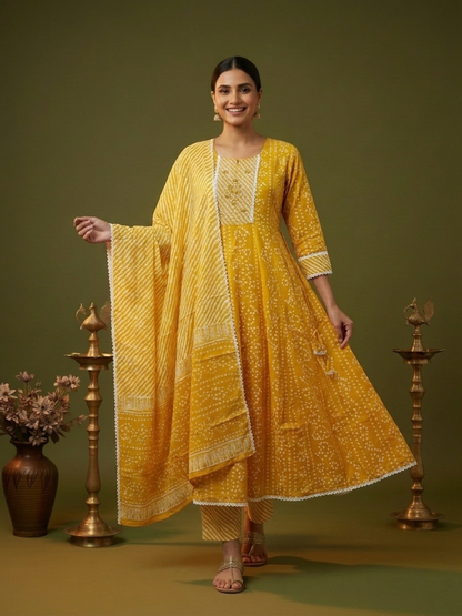 Yellow Bandhani Lehariya Print Cotton Anarkali Kurta Set with Crochet Lace, Pant & Dupatta