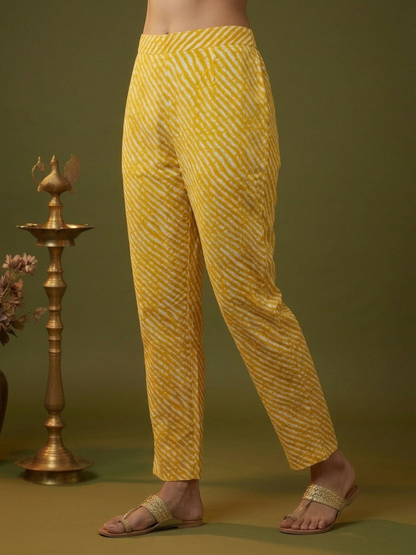 Yellow Bandhani Lehariya Print Cotton Anarkali Kurta Set with Crochet Lace, Pant & Dupatta
