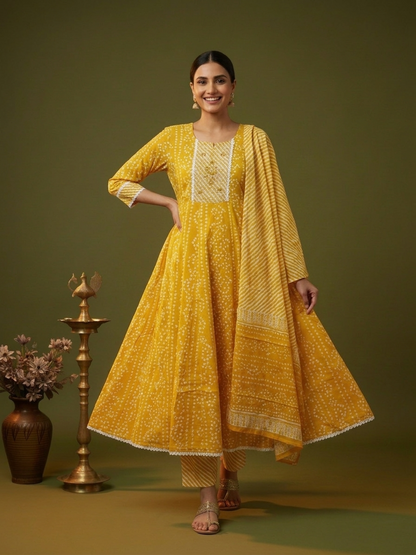 Yellow Bandhani Lehariya Print Cotton Anarkali Kurta Set with Crochet Lace, Pant & Dupatta