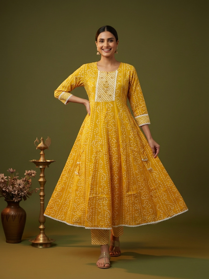Yellow Bandhani Lehariya Print Cotton Anarkali Kurta Set with Crochet Lace, Pant & Dupatta