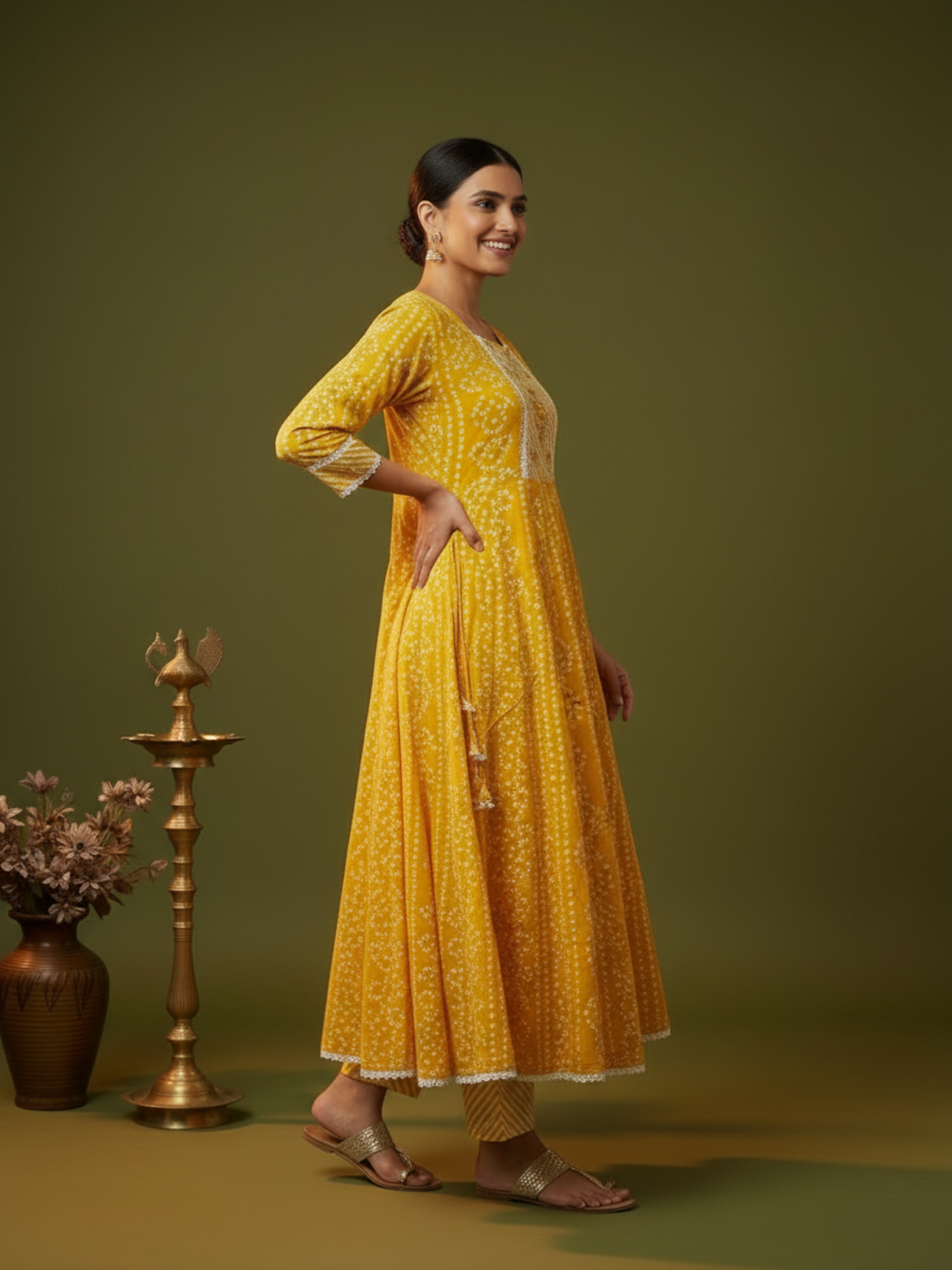 Yellow Bandhani Lehariya Print Cotton Anarkali Kurta Set with Crochet Lace, Pant & Dupatta