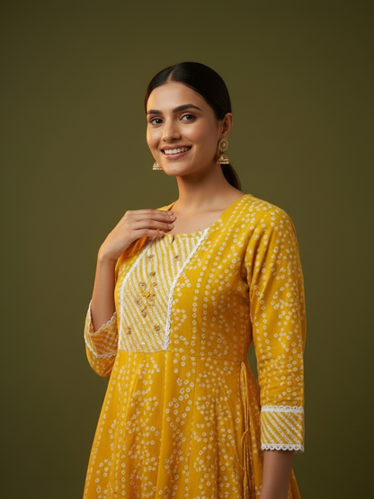 Yellow Bandhani Lehariya Print Cotton Anarkali Kurta Set with Crochet Lace, Pant & Dupatta