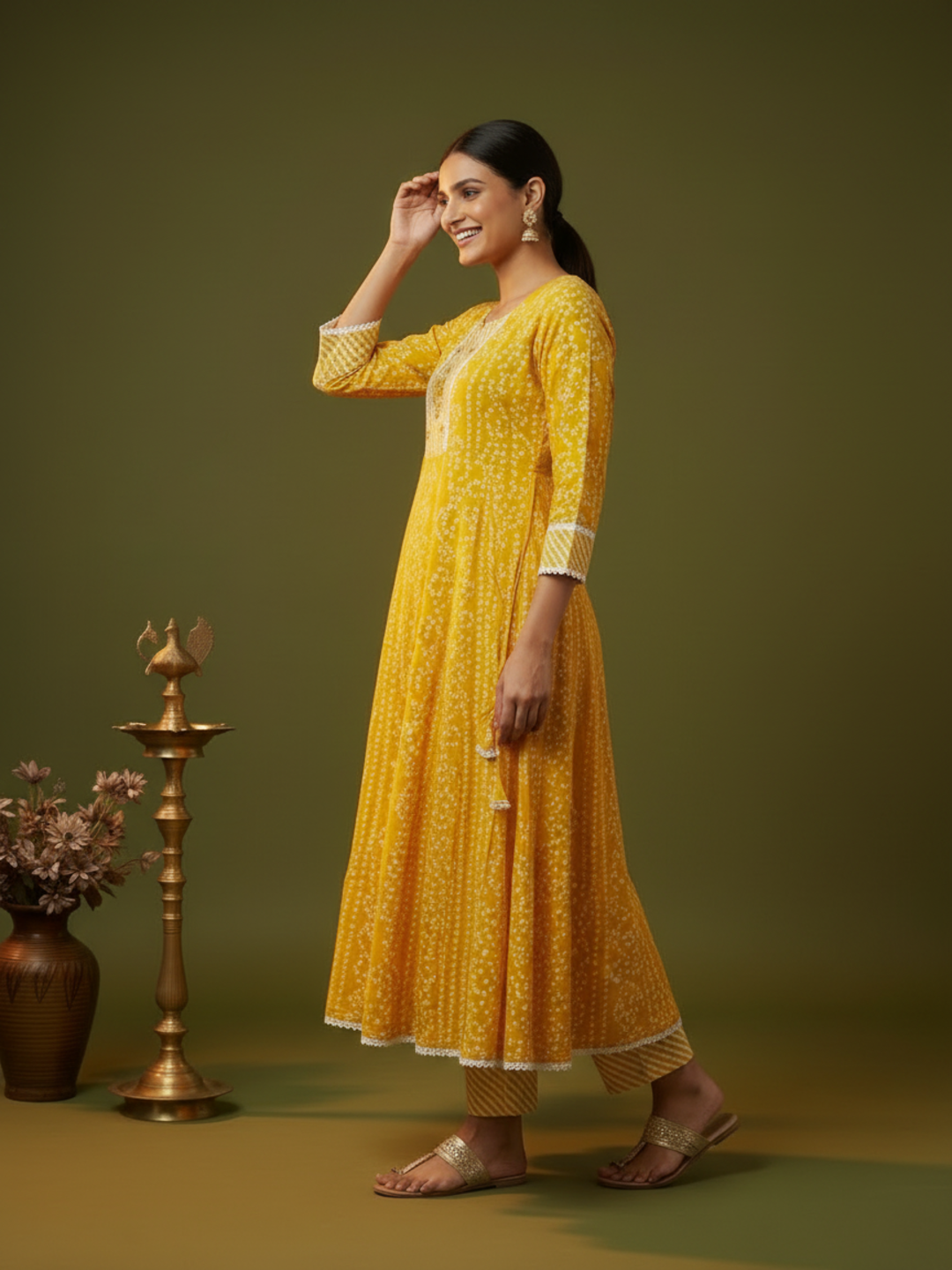 Yellow Bandhani Lehariya Print Cotton Anarkali Kurta Set with Crochet Lace, Pant & Dupatta