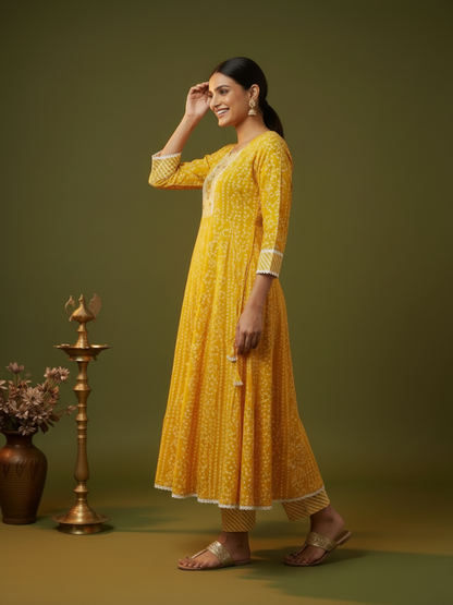 Yellow Bandhani Lehariya Print Cotton Anarkali Kurta Set with Crochet Lace, Pant & Dupatta