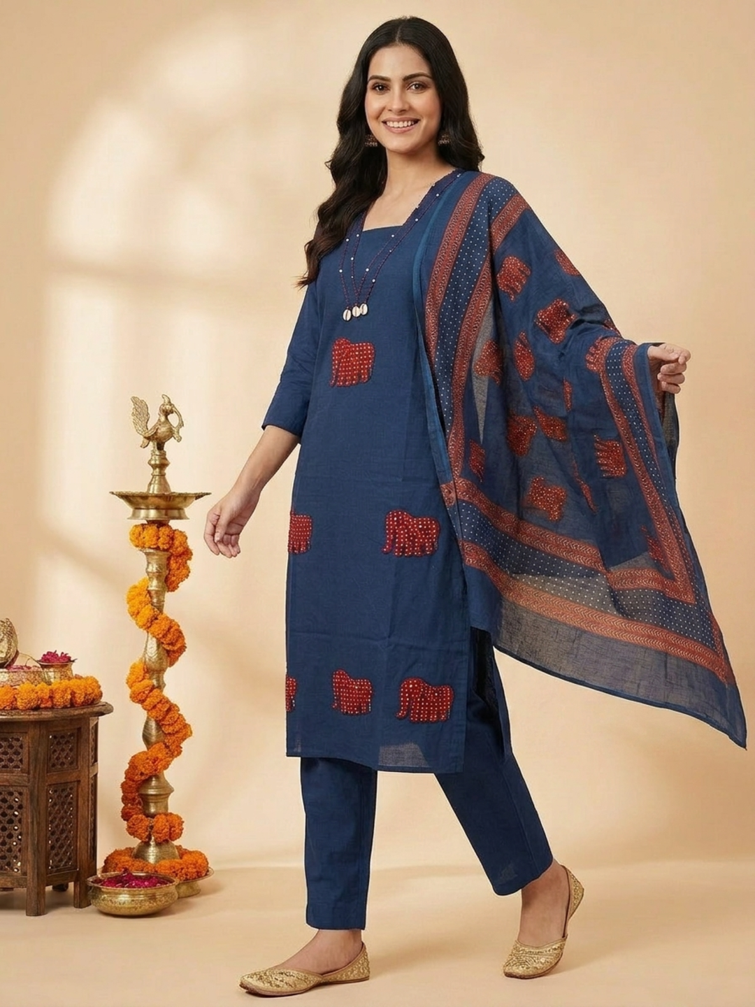 Blue Solid Cotton Straight Kurta Set with Kantha Work & Elephant Patchwork, Pant & Dupatta