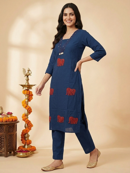 Blue Solid Cotton Straight Kurta Set with Kantha Work & Elephant Patchwork, Pant & Dupatta