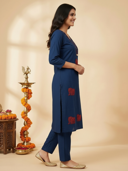 Blue Solid Cotton Straight Kurta Set with Kantha Work & Elephant Patchwork, Pant & Dupatta