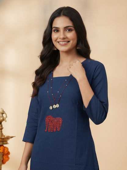 Blue Solid Cotton Straight Kurta Set with Kantha Work & Elephant Patchwork, Pant & Dupatta