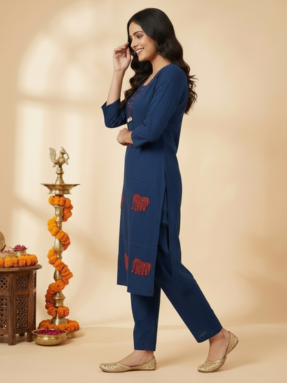 Blue Solid Cotton Straight Kurta Set with Kantha Work & Elephant Patchwork, Pant & Dupatta